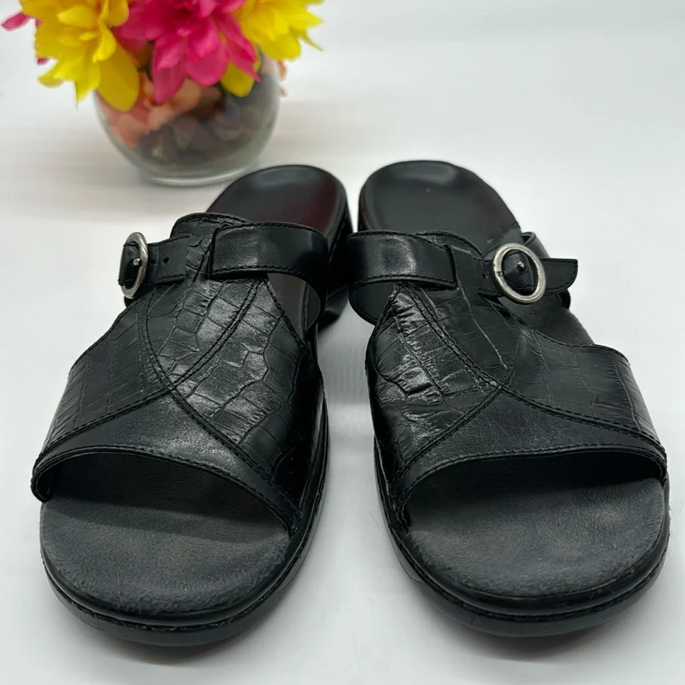 Clarks Black Leather Slide Sandals with Silver Buckle
